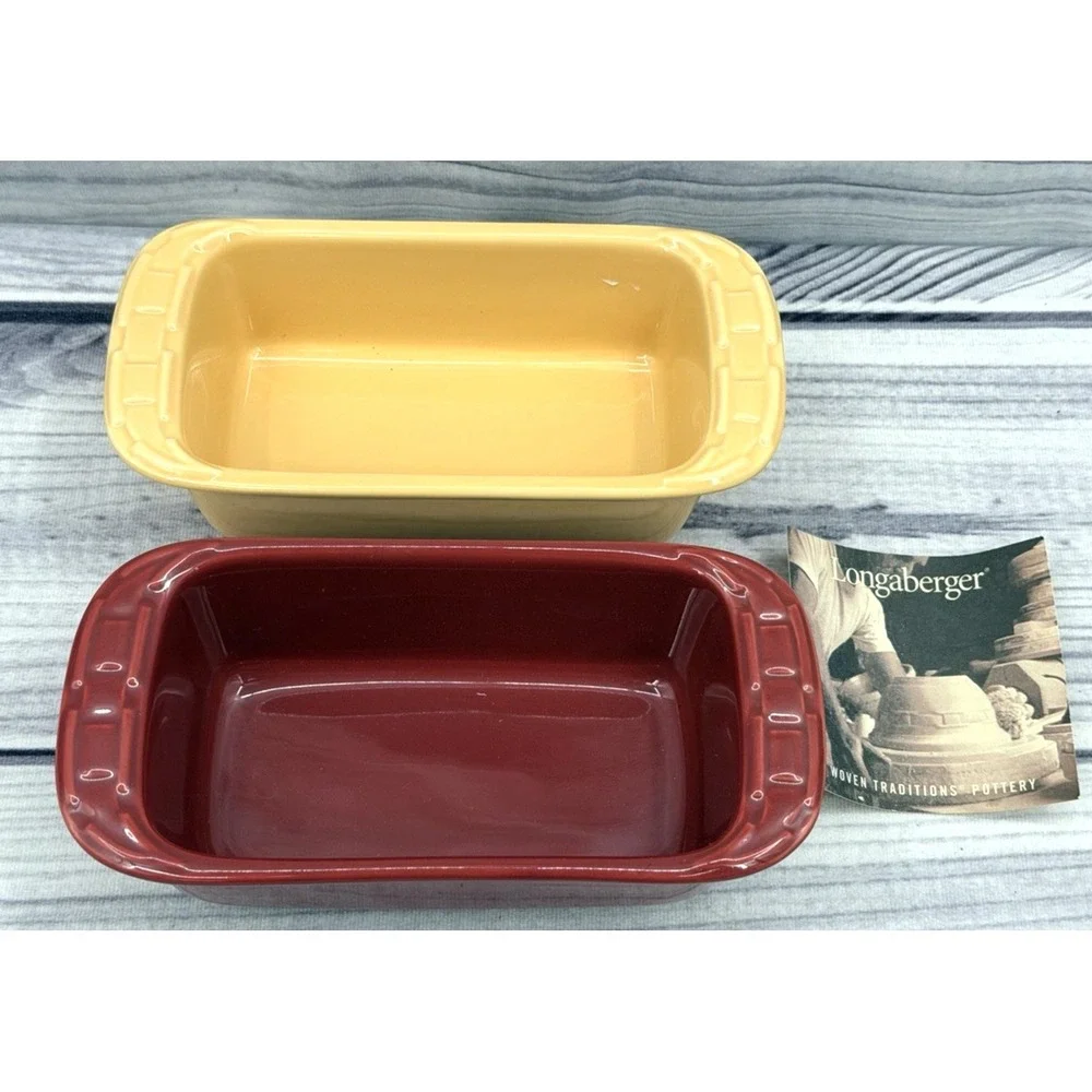 2 LONGABERGER POTTERY WOVEN TRADITIONS MINI LOAF PANS - BUTTERNUT / PAPRIKA